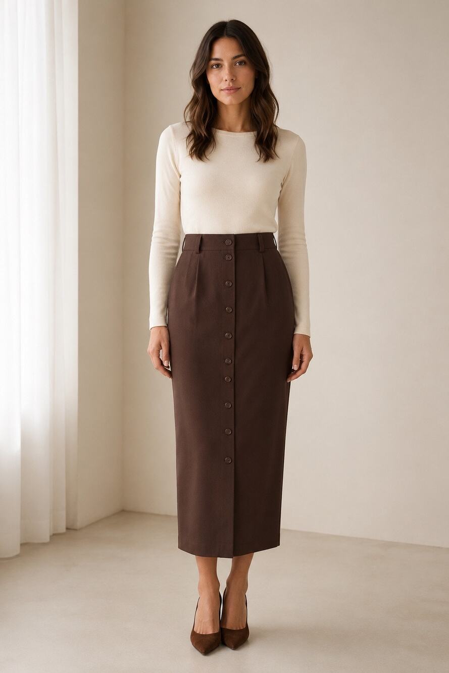 Vintage Anne Klein 100% Wool Brown Button-Front Maxi Pencil Skirt Size 10
